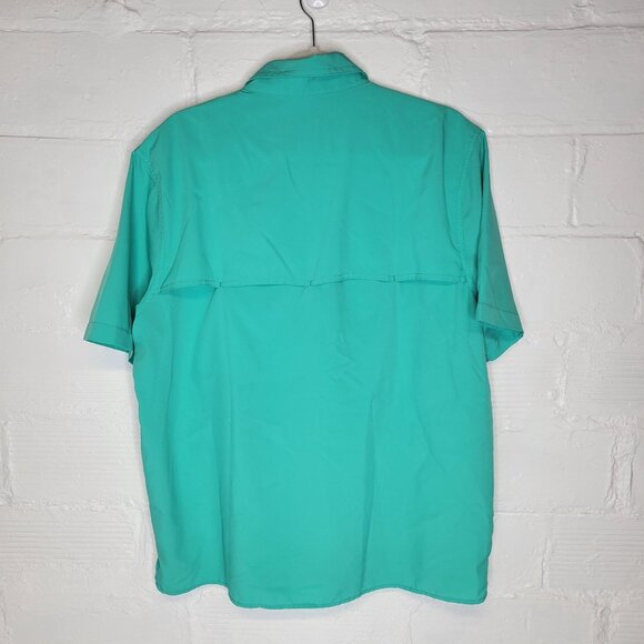 Eddie Bauer Men's Medium Button Front Shirt Short Sleeve Teal Blue Vented - Picture 2 of 4